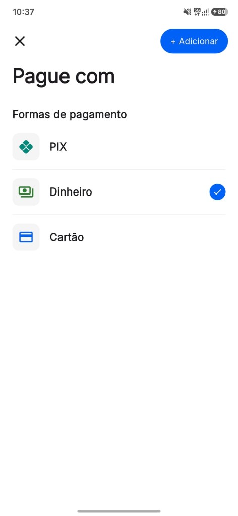 Tela de formas de pagamento com PIX, dinheiro e cartão
