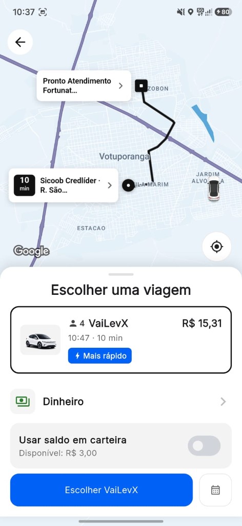 Tela de escolher viagem com preço fechado de R$ 15,31