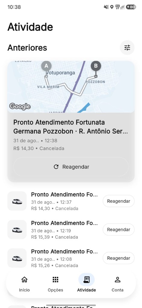 Tela de atividade com histórico de corridas e botão de reagendar