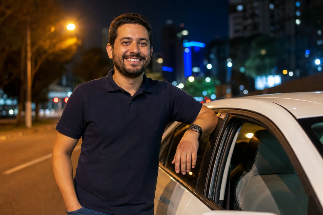 Motorista parceiro sorrindo ao lado do carro à noite